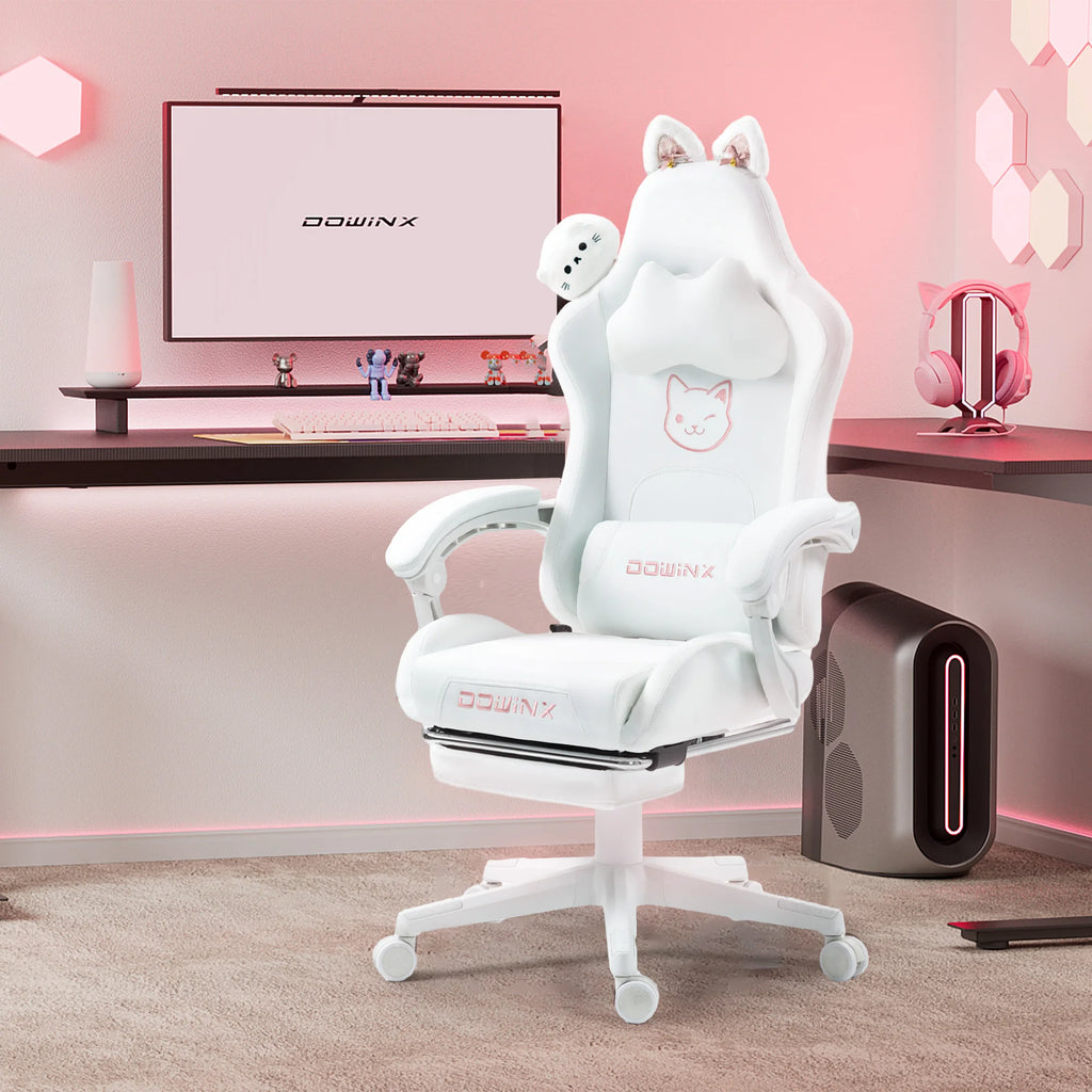 Gaming Chair Cute with Cat Ears and Massage Lumbar Support, Ergonomic Computer Chair for Girl with Footrest and Headrest