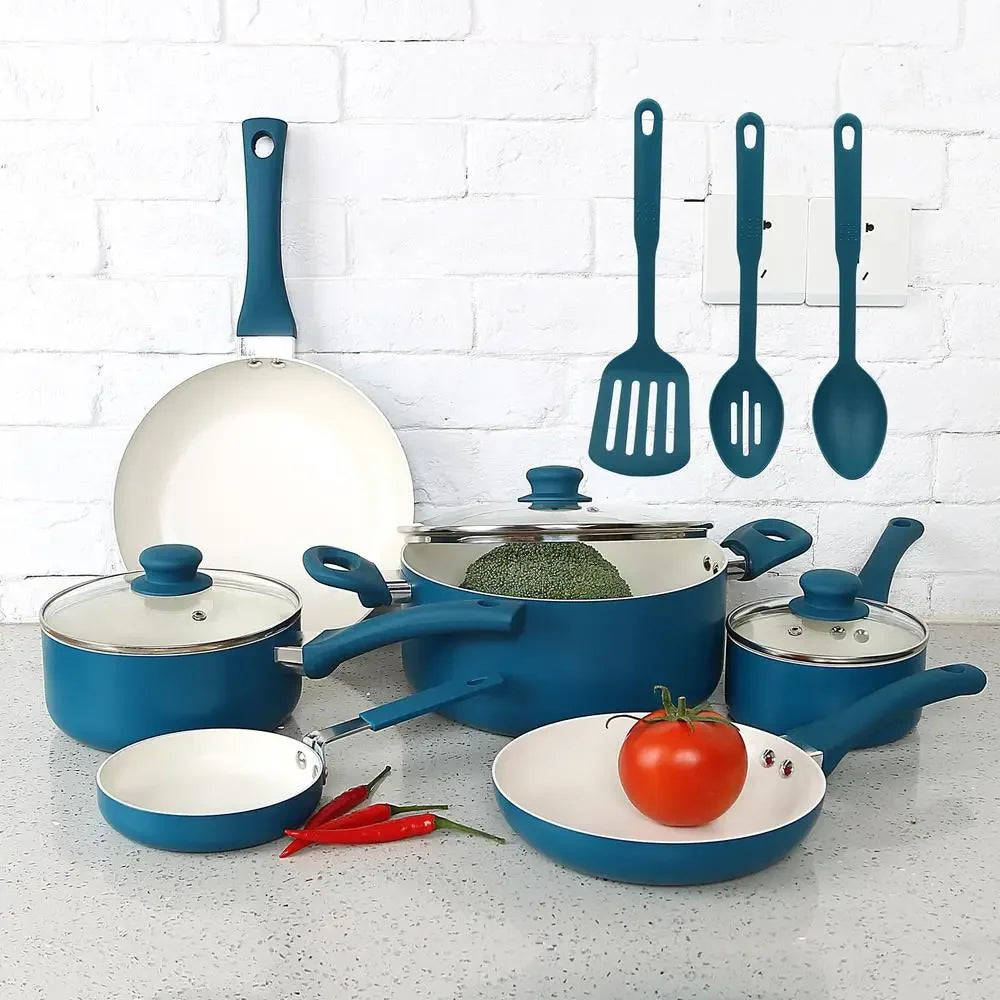 12-Piece Corsair Blue Nonstick Aluminum Cookware Set Home Kitchen Utensil Collection