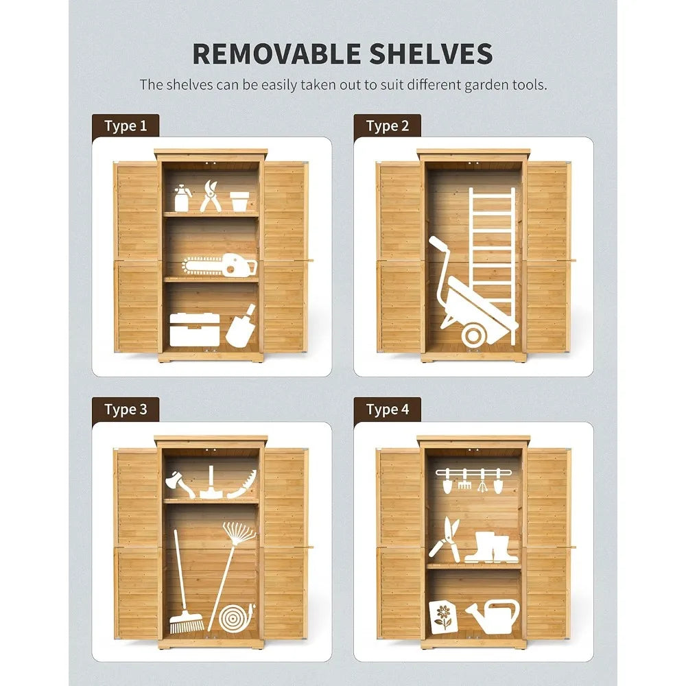 Outdoor Storage Cabinet with 3 Shelves, Double Lockable Wooden Garden Shed with Waterproof Roof, Outside Vertical Tall Tool Shed
