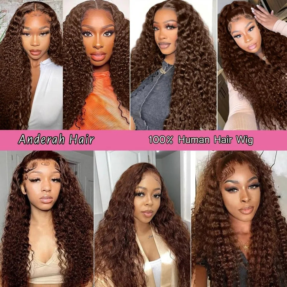 Chocolate Brown Deep Wave Lace Front Wigs Human Hair 13x6 HD Lace Frontal Wigs Curly Human Hair Wig Natural Hairline Brown Color