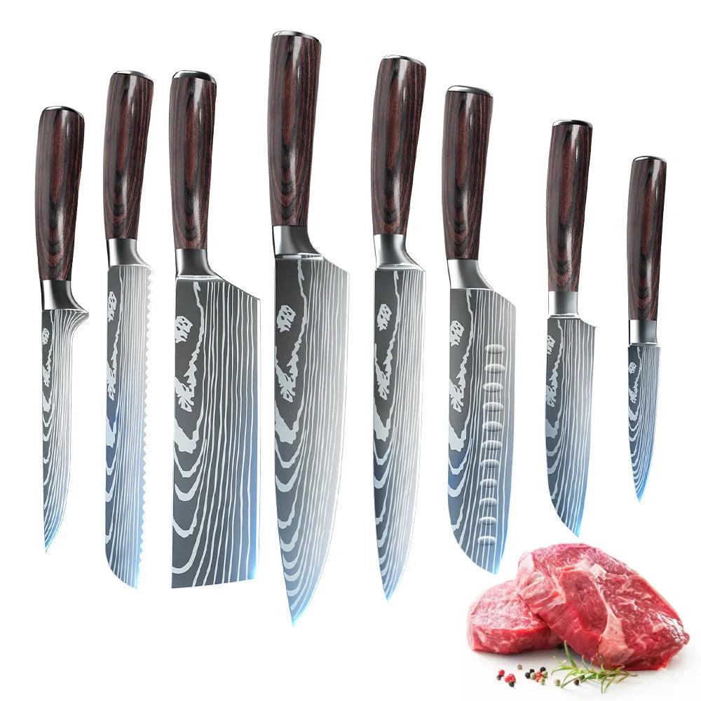 ZENG 5/8pcs/10pcs Kitchen Knives Japanese Stainless Steel Chef Knife Damascus Laser Pattern Slicing Santoku Kitchen Knife Set