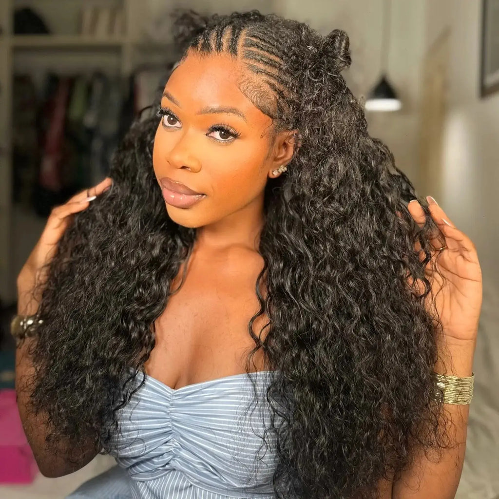 12A Water Wave Half Wigs Human Hair 200% Density Brazilian Wear Go Wigs Deep Curly 3 In 1 Half Wigs Drawstring Seamless Flip Wig