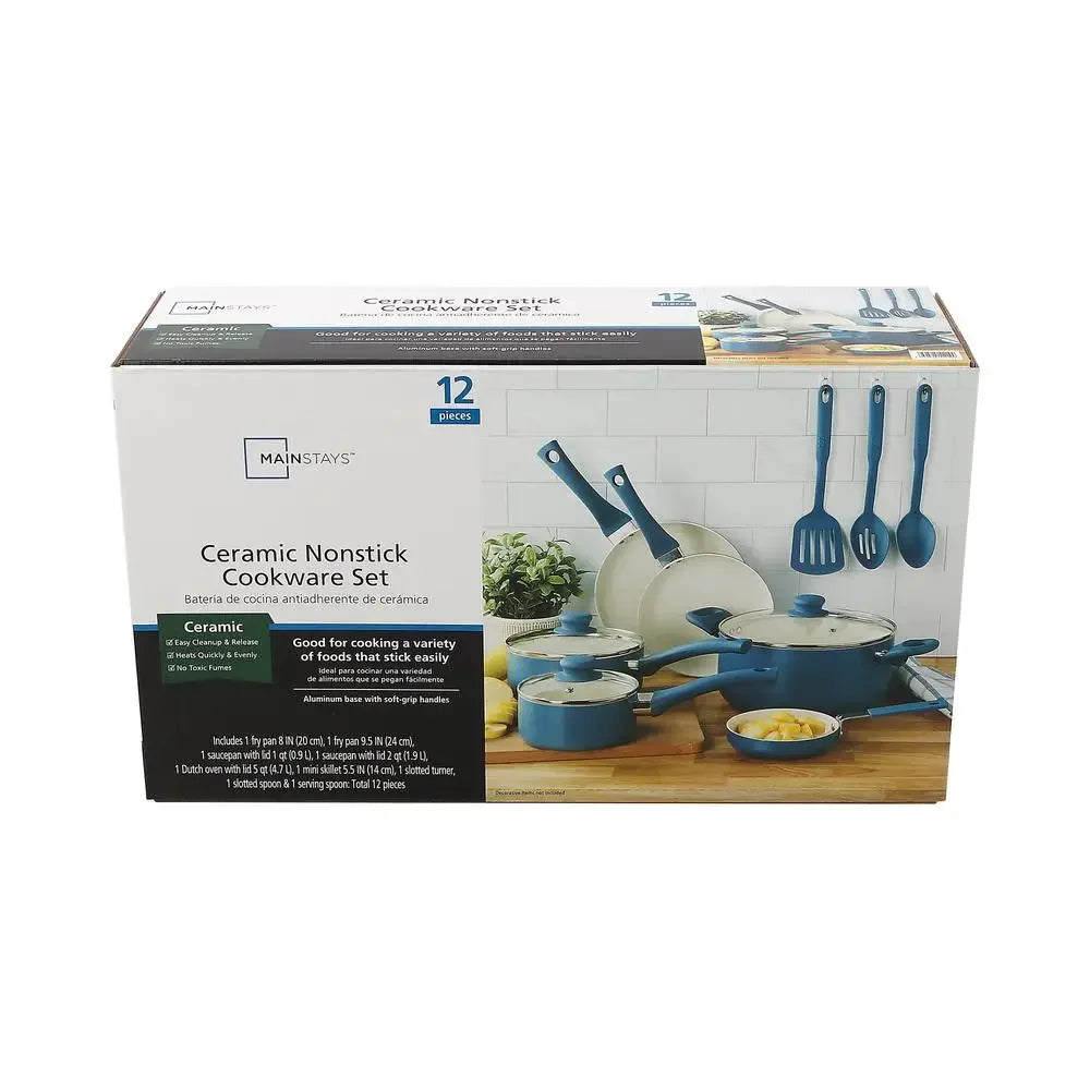 12-Piece Corsair Blue Nonstick Aluminum Cookware Set Home Kitchen Utensil Collection