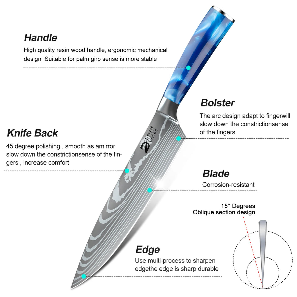 8PCS Chef Knife Kitchen Knives Set Utility Boning Knife Cleaver Meat Fruit Bread Knife Japanese Santoku Knife with Cover