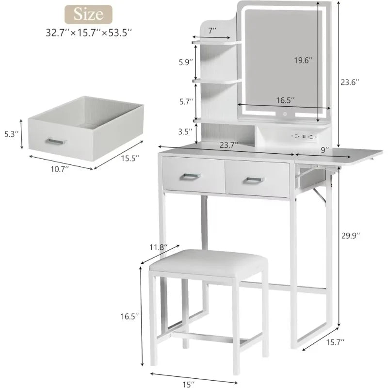 Makeup vanity with foldable panel and power outlet, equipped with mirror and light, fabric storage drawer, chair and shelf