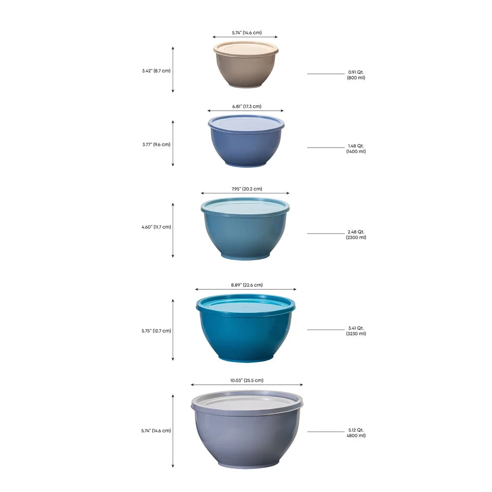 Nonslip Nesting Plastic Mixing Bowls Set with Lids 10 Pieces Assorted Colors Durable Dishwasher Microwave Safe Kitchen Prep