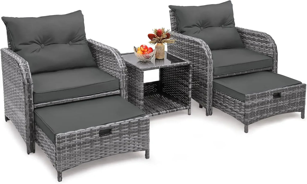 5 Pieces Wicker Outdoor Patio Chairs Set with Ottoman, Patio Furniture Set with Foot Rest Underneath, PE Rattan Garden Arm Chair