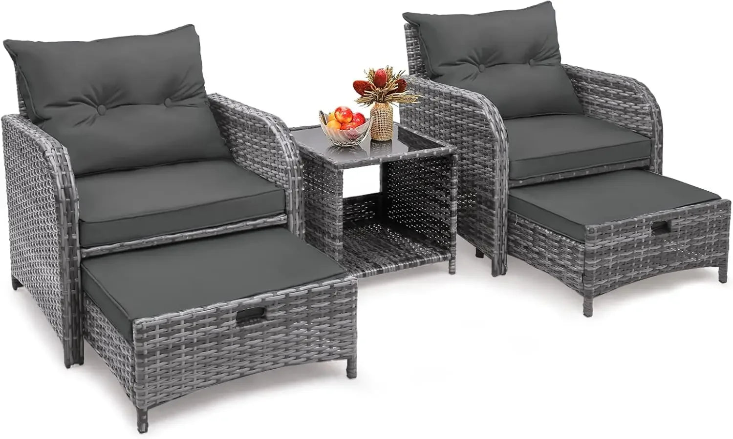 5 Pieces Wicker Outdoor Patio Chairs Set with Ottoman, Patio Furniture Set with Foot Rest Underneath, PE Rattan Garden Arm Chair