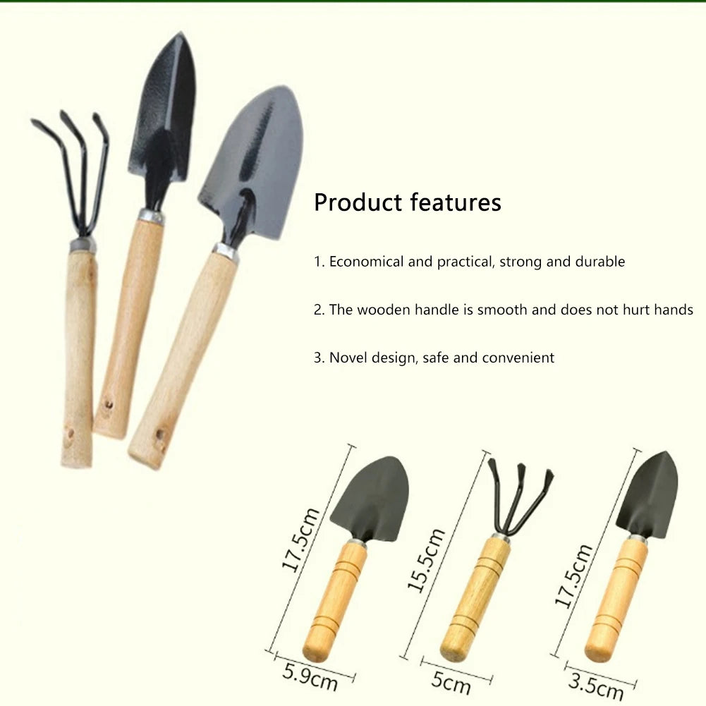 3Pcs Shovel Rake Spade Set Small Rake Shovel Spade Multifunction Hand Planting Tools Wooden Handle for Indoor Gardening