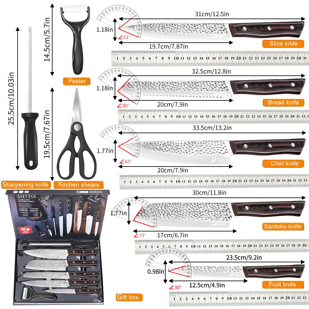 8pcs Chef Knife Kitchen Knives Set Hammer Pattern Sharp Cutting Blade Meat Salmon Slicing Knives Santoku Knives Kitchen