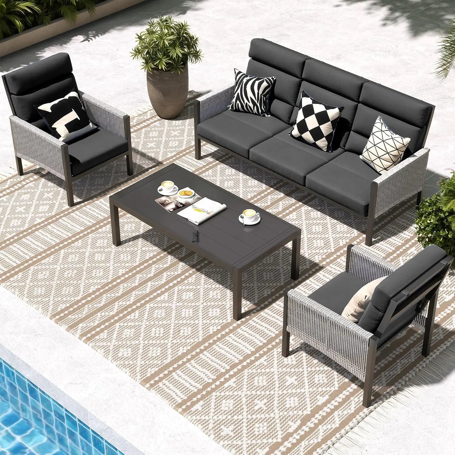 Aluminum Patio Furniture Set, High Back Outdoor Sectional Sofa, 4 Pieces Modern Conversation Sets for Porch, Balcony, Garden
