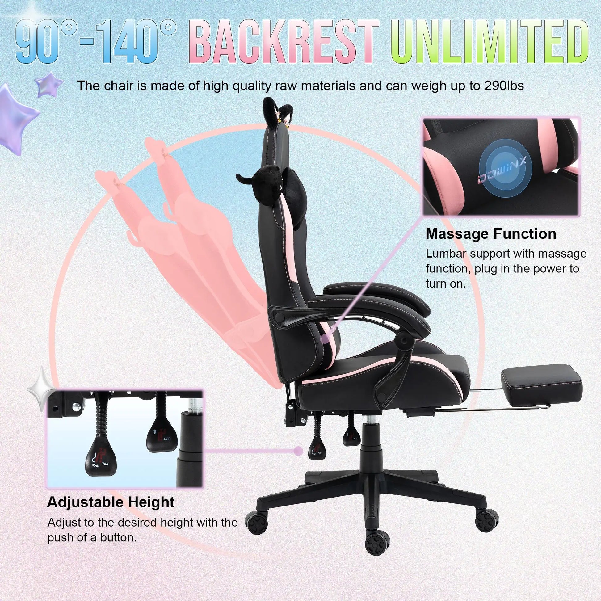 Gaming Chair Cute with Cat Ears and Massage Lumbar Support, Ergonomic Computer Chair for Girl with Footrest and Headrest