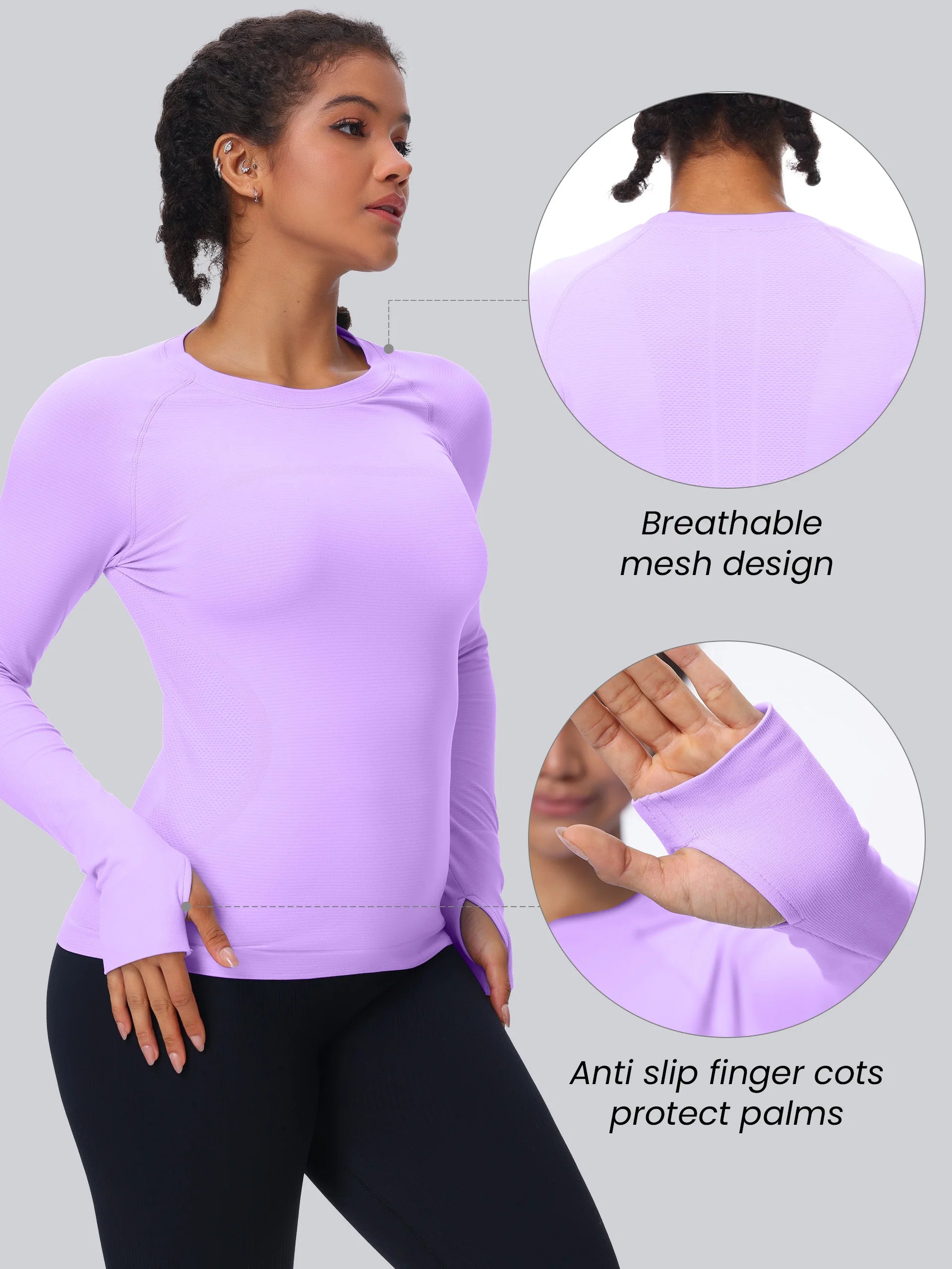Workout Seamless Shirts for Women Long-Sleeved Yoga Running Breathable Thumb Holes Tops