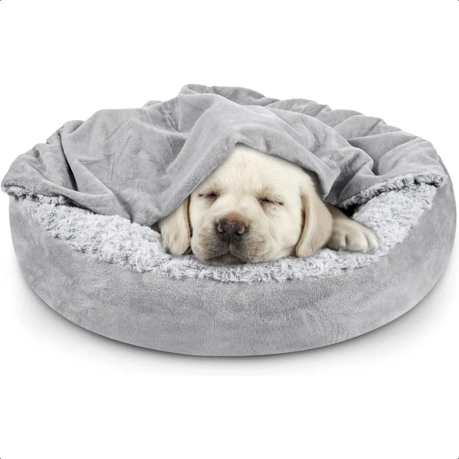 Small Dog Bed Cat Bed with Hooded Blanket Cozy Cuddler Luxury Puppy Pet Bed Donut Round Calming AntiAnxiety Dog Burrow Cave Bed