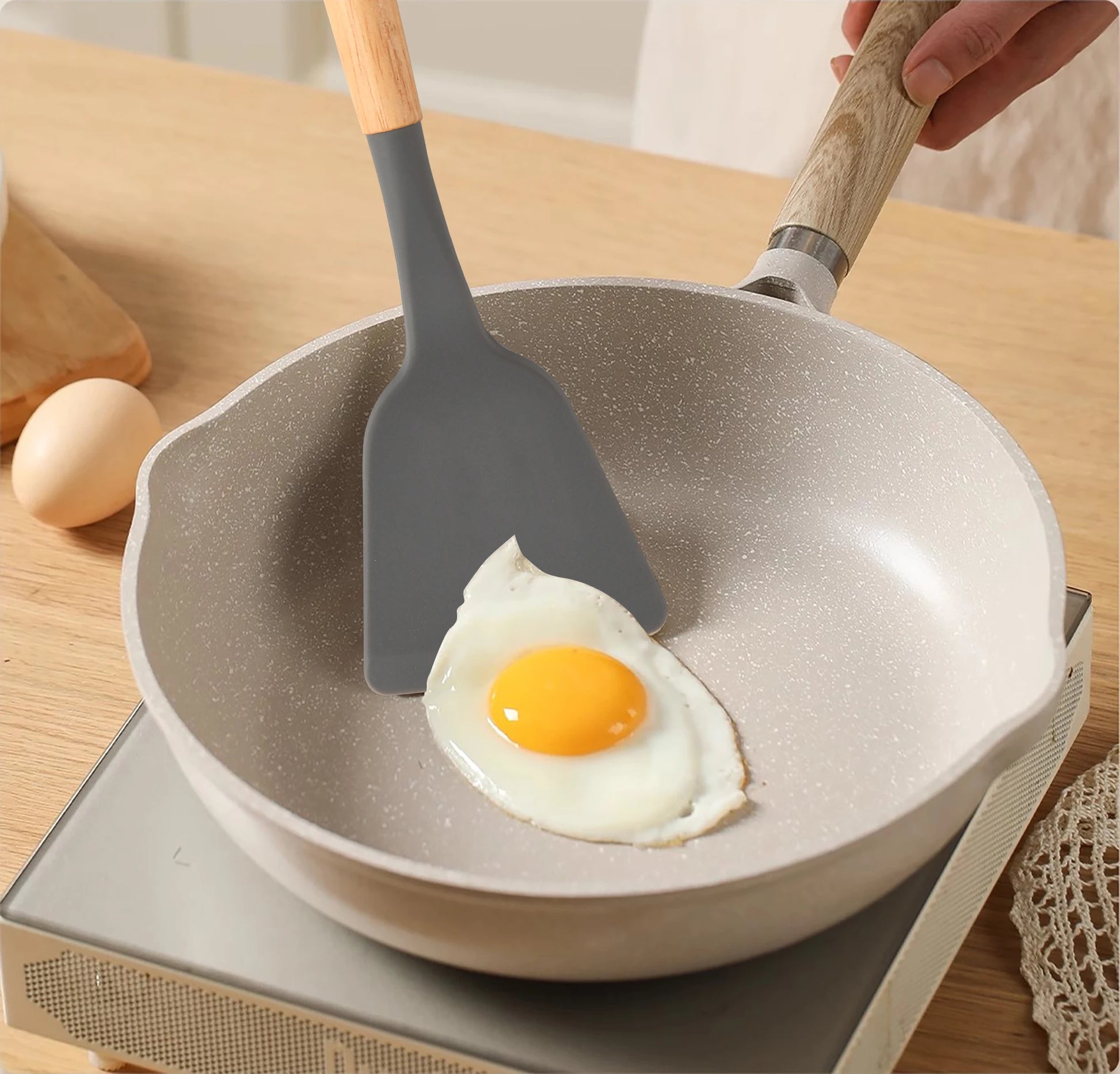 12 Pcs Non-Stick Silicon Heat Resistant Wooden Handle Kitchen Cooking Utensils Set, Gray Color