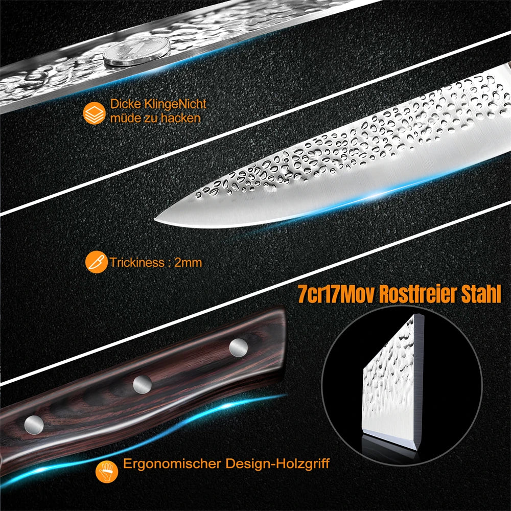 8pcs Chef Knife Kitchen Knives Set Hammer Pattern Sharp Cutting Blade Meat Salmon Slicing Knives Santoku Knives Kitchen