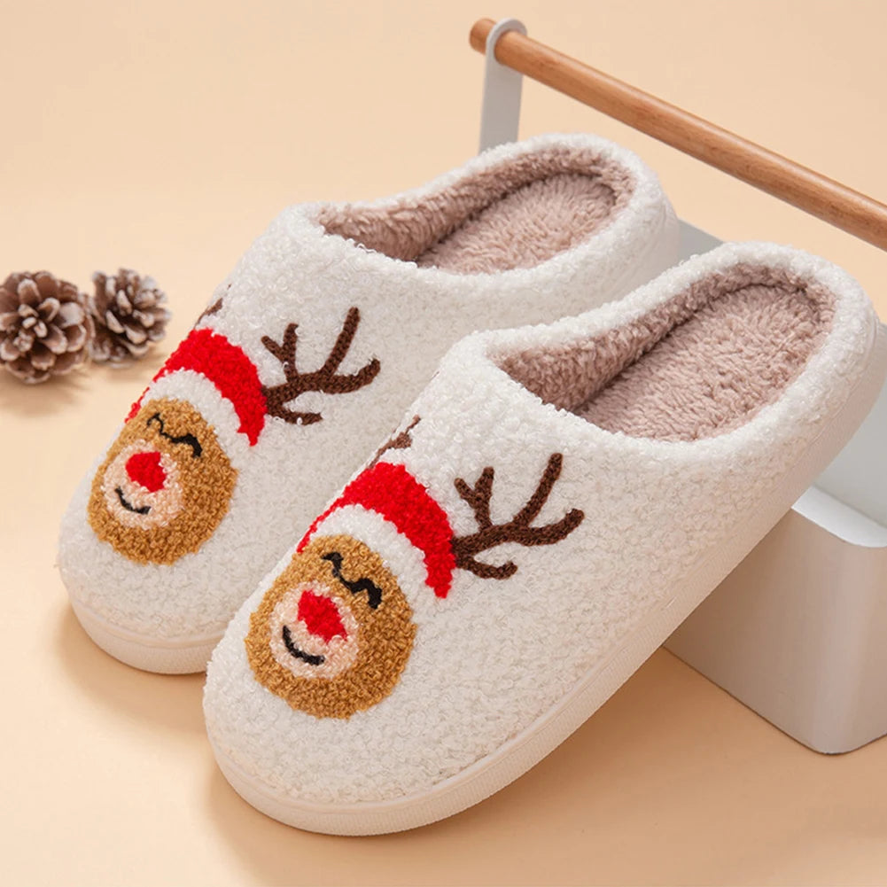 Cozy and Warm Christmas Elk Plush Slippers for Men and Women Soft Fluffy Home Footwear with Anti Slip Design