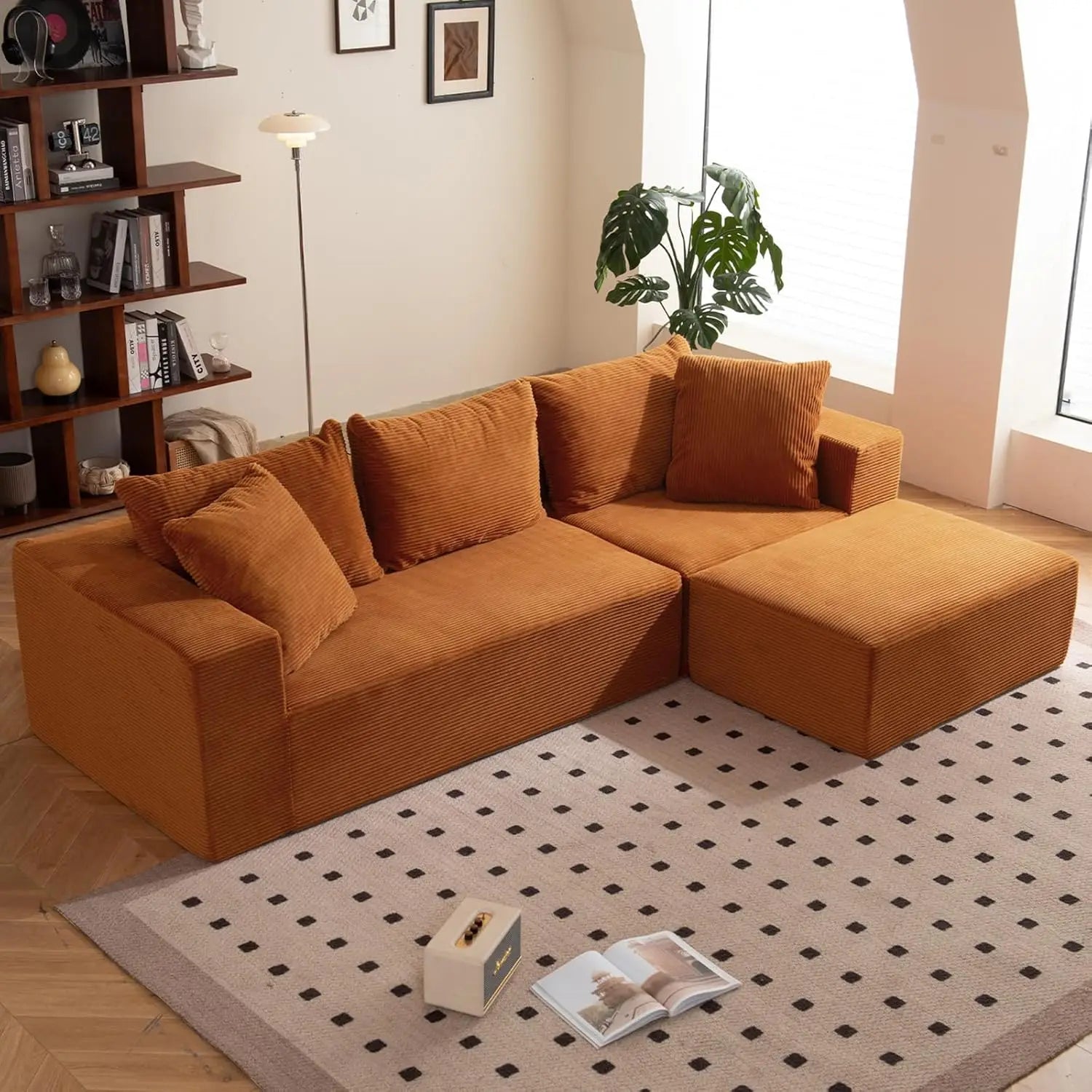 108" L-Shaped Boneless Couch with Deep Seat, Corduroy Cloud Couch, No Assembly Required, Ship in a Box, Modular Sectional Sofa
