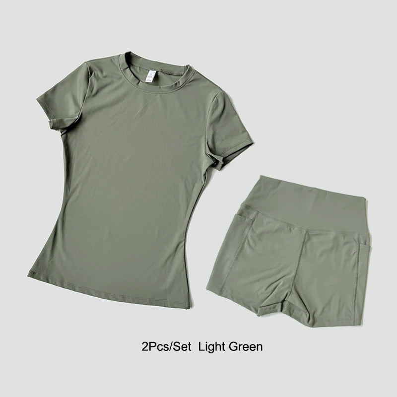 Women's Sports Yoga Set Seamless Knitted Fitness Gym Clothes Sportswear Short Sleeve Crop Top Tracksuits Gym Short Leggings