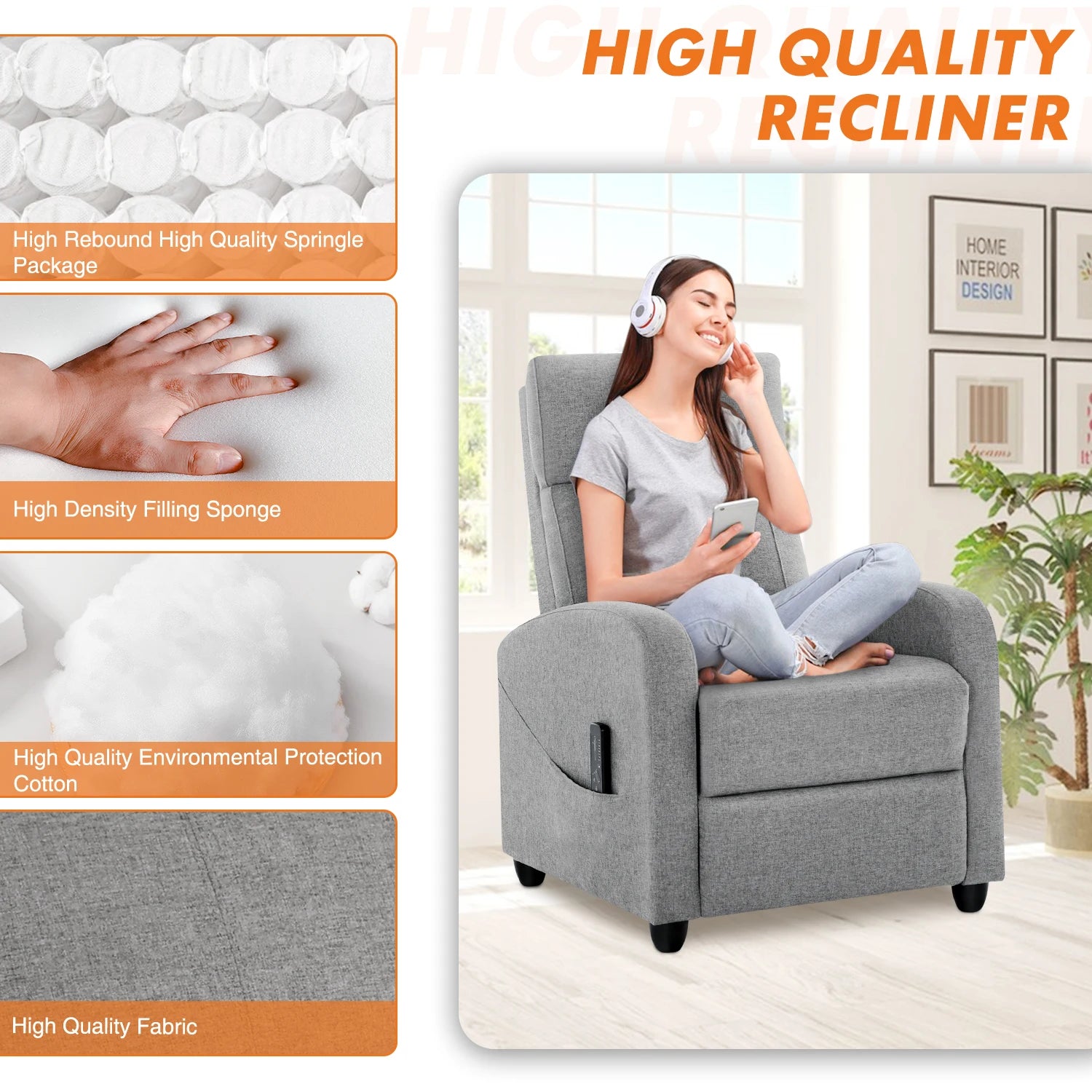 Recliner Chair Massage Sofa Fabric Theater Lumbar Support Adjustable Modern Padded Seat Backrest Living Room