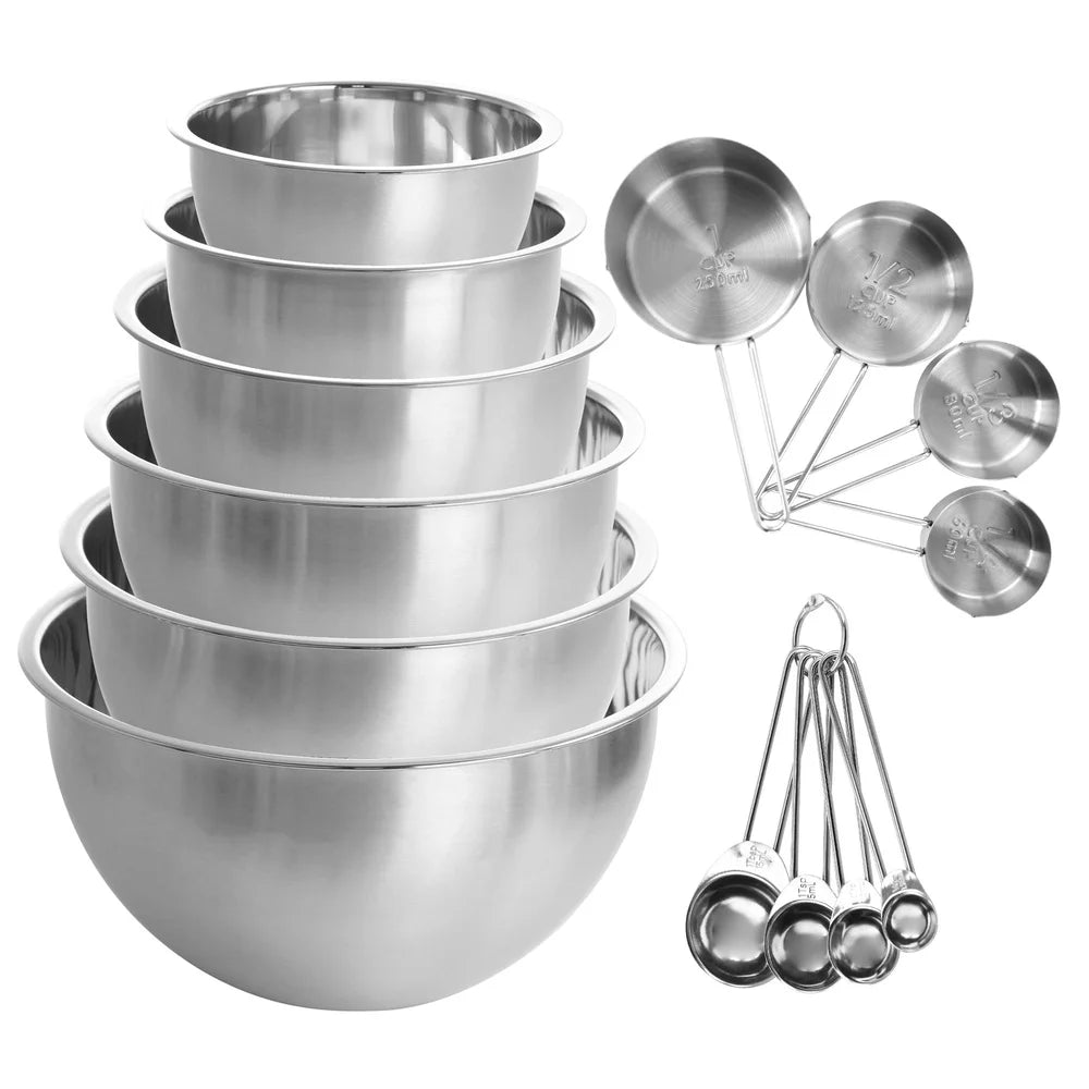 14 Piece Stainless Steel Measuring Cups Spoons Set with Mixing Bowls Kitchen Baking Utensils Durable Hand Wash Easy Storage