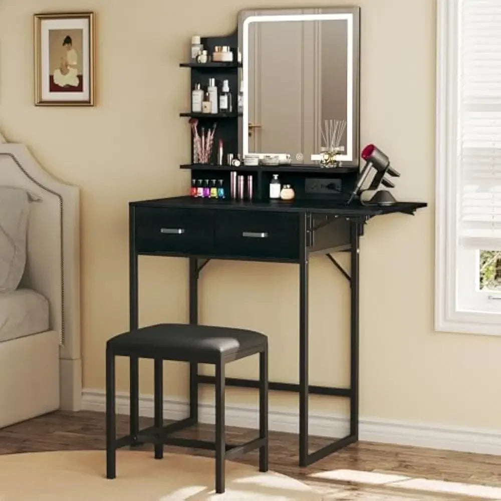 Makeup vanity with foldable panel and power outlet, equipped with mirror and light, fabric storage drawer, chair and shelf