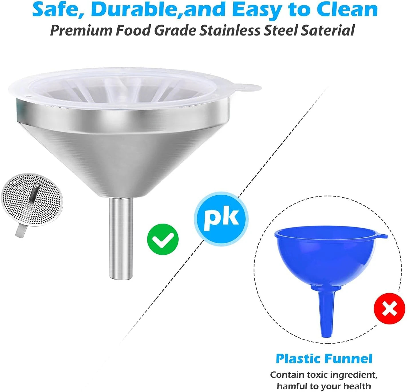 Premium Stainless Steel Funnel, 5 Inch Food Grade Kitchen Funnels with 200 Mesh Food Filter Strainer