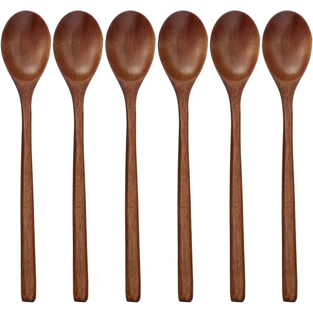 Eco-Friendly Wooden Spoons Set of 6 Long Handle 9 Inch Kitchen Utensils Stirring Mixing Soup Spoons Unique Grain Natural Finish