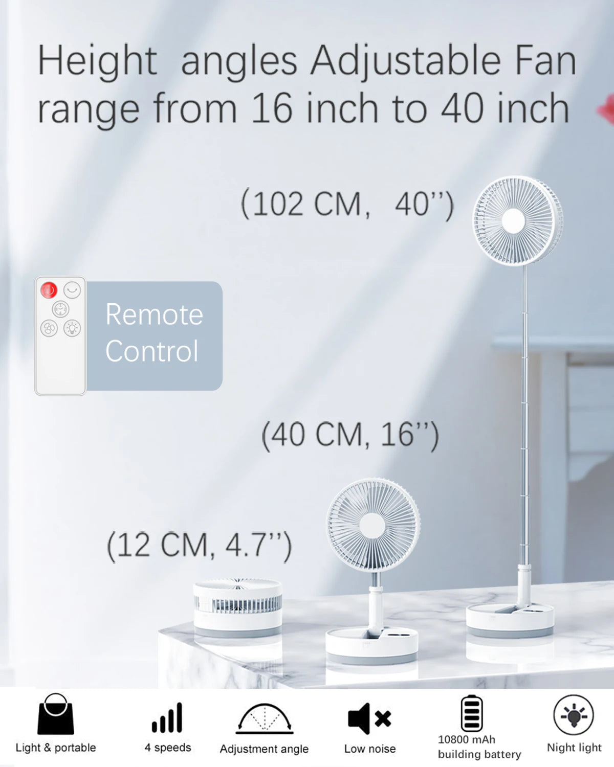 Foldable Fan Foldaway Oscillating with Remote Control, 10800mAh Rechargeable Battery Operated Portable for Camping, 4 Speed,