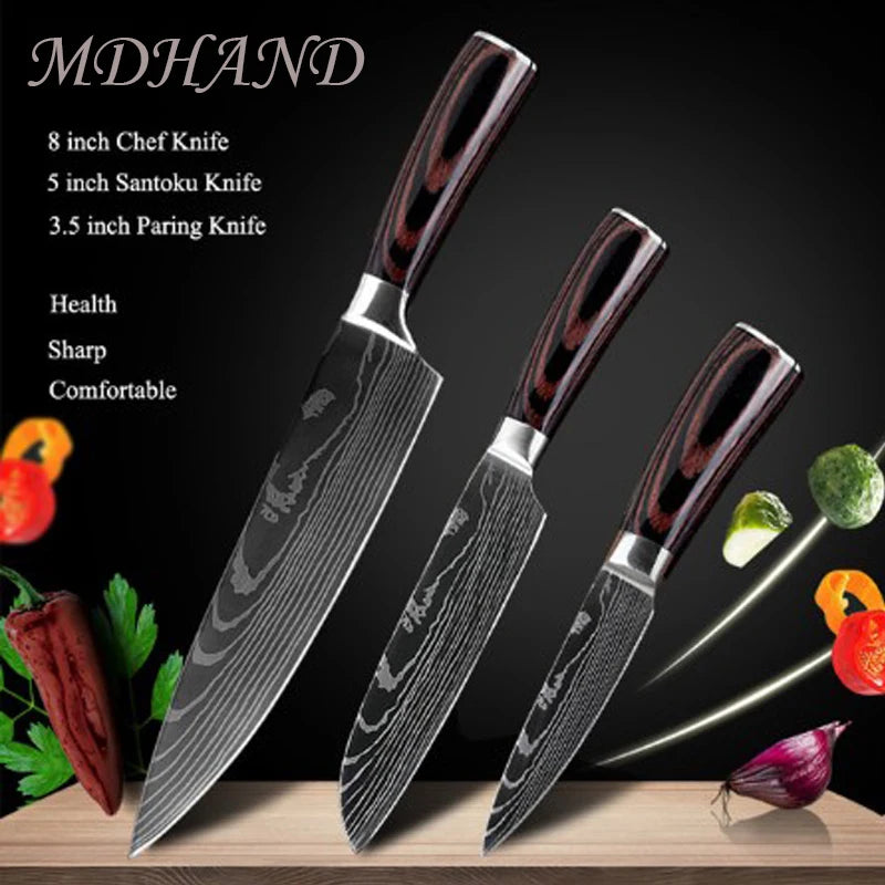 8 " Kitchen Knives Sharp Chef Knife Stainless Steel Laser Damascus Style Cleaver Sushi Knife Slicing Utility Cooking Accessories