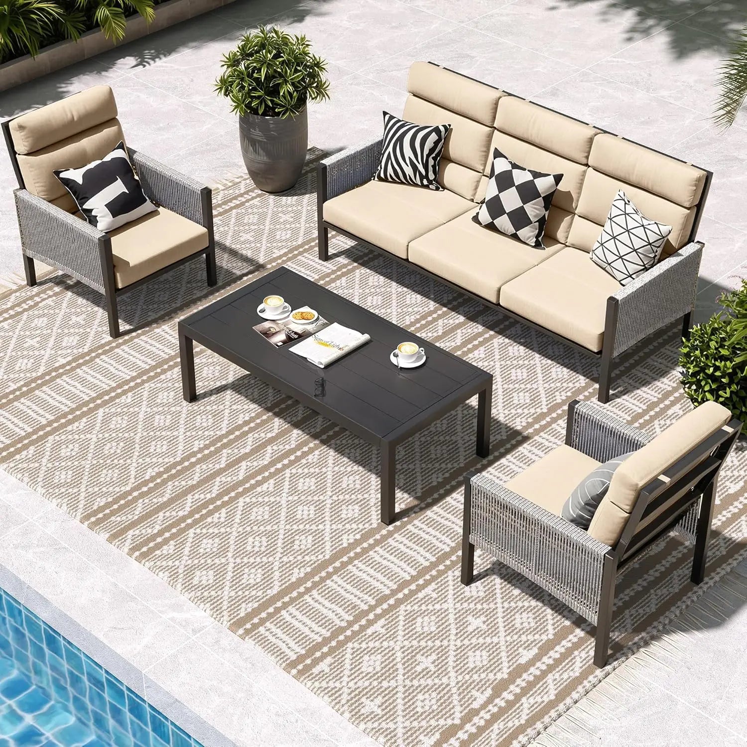 Aluminum Patio Furniture Set, High Back Outdoor Sectional Sofa, 4 Pieces Modern Conversation Sets for Porch, Balcony, Garden