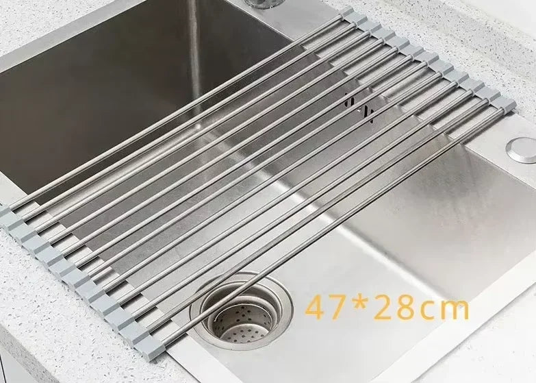 Foldable Kitchen Dish Drying Rack Stainless Steel Bowl Fruit Vegetable Dish Holder Sink Roller Organizer Basket Racks Tool