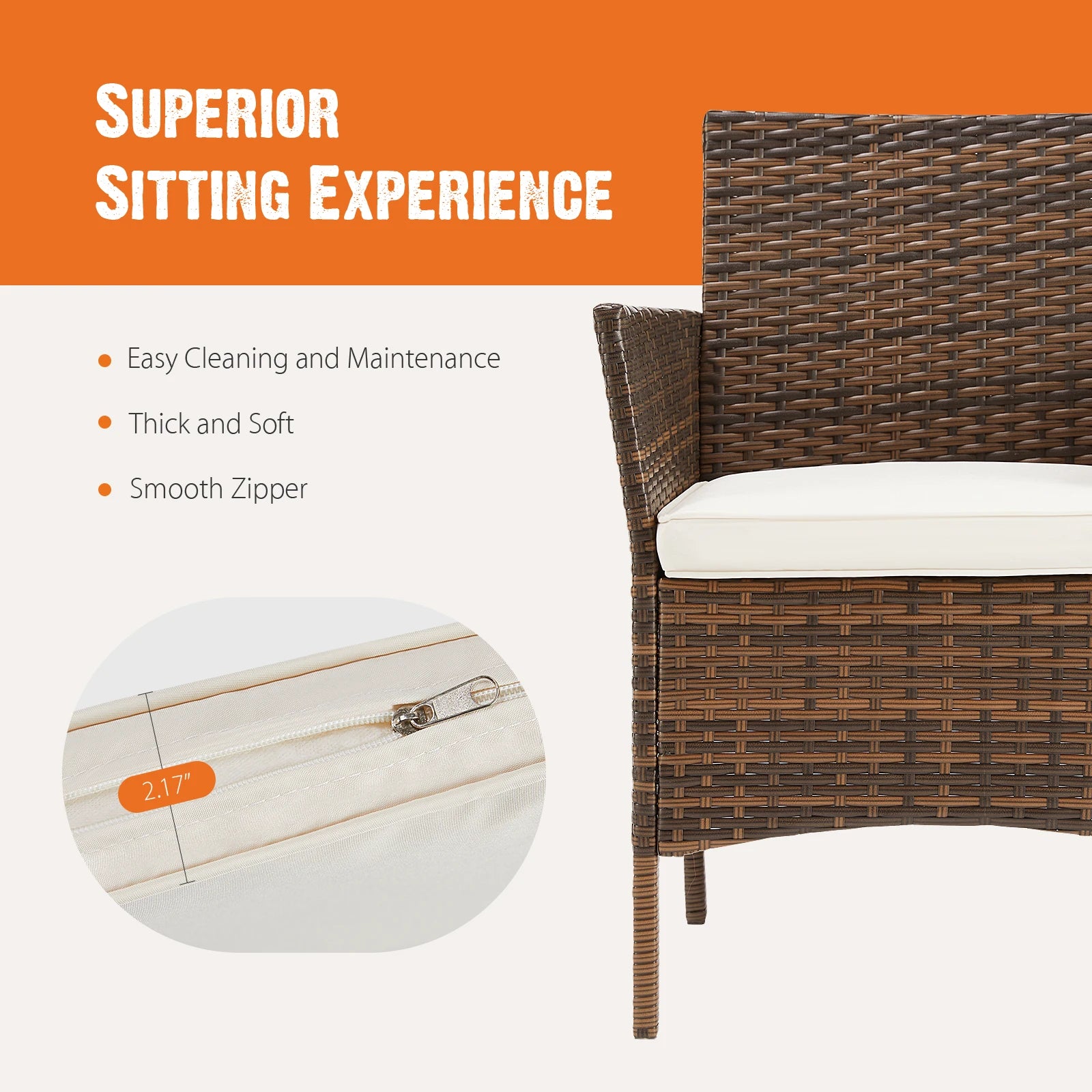 Outdoor Patio Furniture Set 3 Pieces with Soft Cushion and Glass Table Manual Weaving Wicker Rattan Patio Chairs For Garden