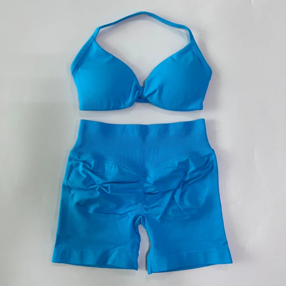 2PCS Gym Set Women Strappy Yoga Bra Top High Waist Workout Scrunch Shorts Sports Suit Seamless Yoga Set Fitness Clothes