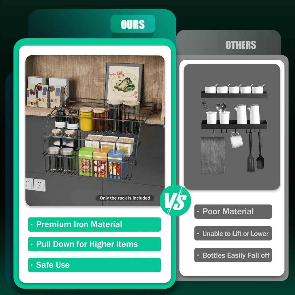 3-Layer Pull Down Cabinet Spice Rack Organizer,Metal Storage Shelf, Large Capacity Retractable Kitchen Storage Shelf Organizer