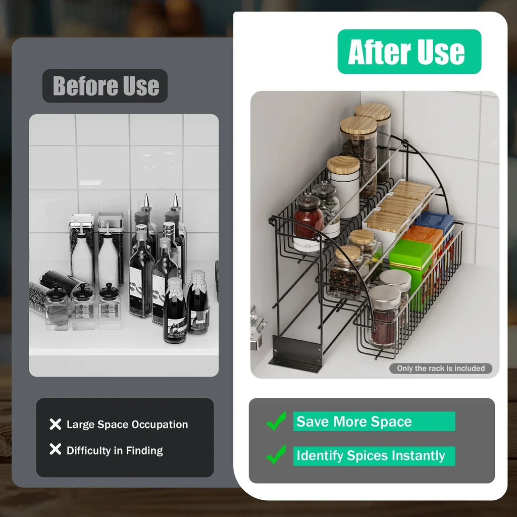 3-Layer Pull Down Cabinet Spice Rack Organizer,Metal Storage Shelf, Large Capacity Retractable Kitchen Storage Shelf Organizer