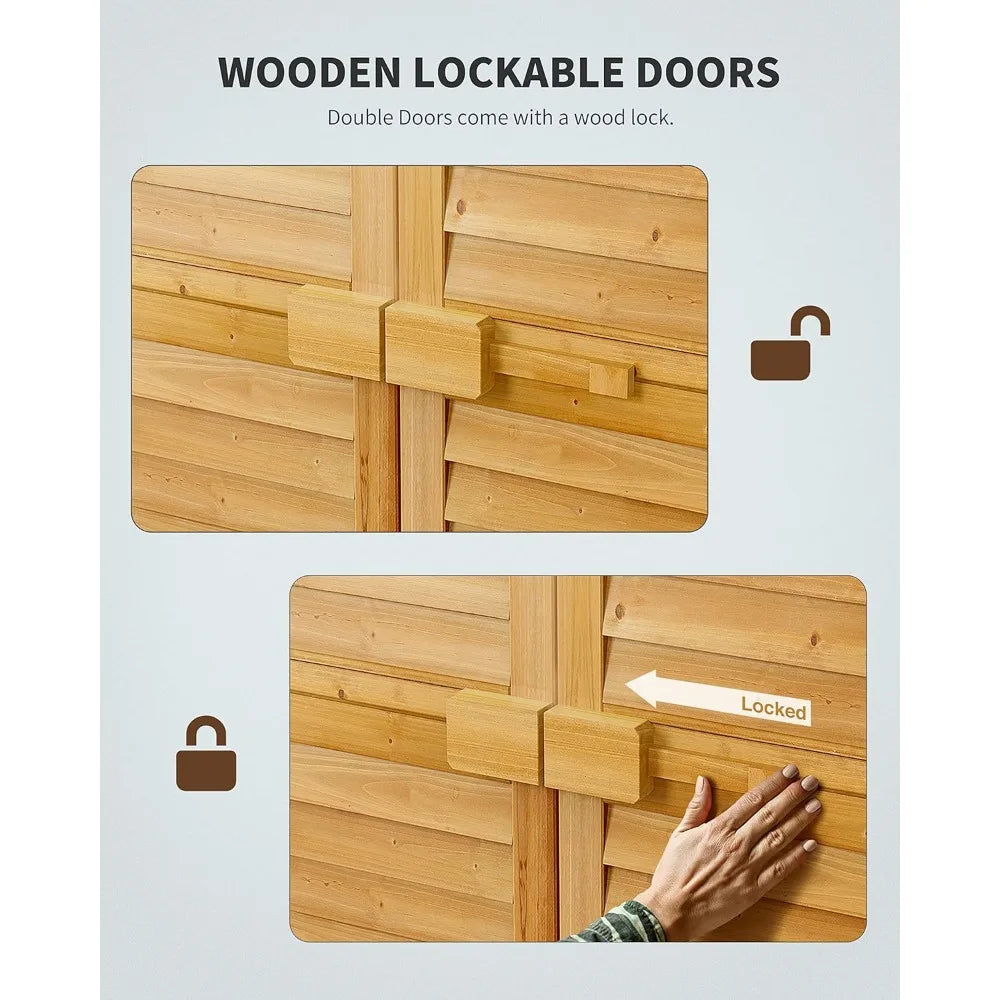 Outdoor Storage Cabinet with 3 Shelves, Double Lockable Wooden Garden Shed with Waterproof Roof, Outside Vertical Tall Tool Shed