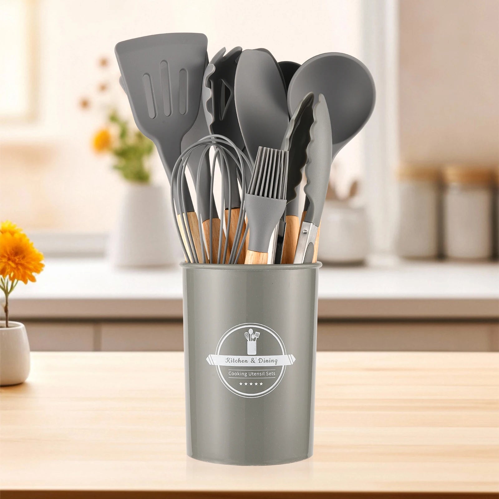 12 Pcs Non-Stick Silicon Heat Resistant Wooden Handle Kitchen Cooking Utensils Set, Gray Color