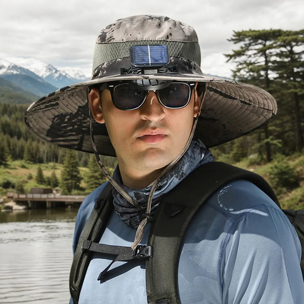 Outdoor Solar Fan Hat UV Protection Sun Hat with 1/2 Solar Powered Fans Cap Breathable Wide Brim Fishing Hat for Camping Hiking