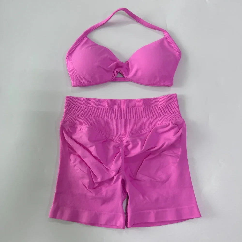 2PCS Gym Set Women Strappy Yoga Bra Top High Waist Workout Scrunch Shorts Sports Suit Seamless Yoga Set Fitness Clothes