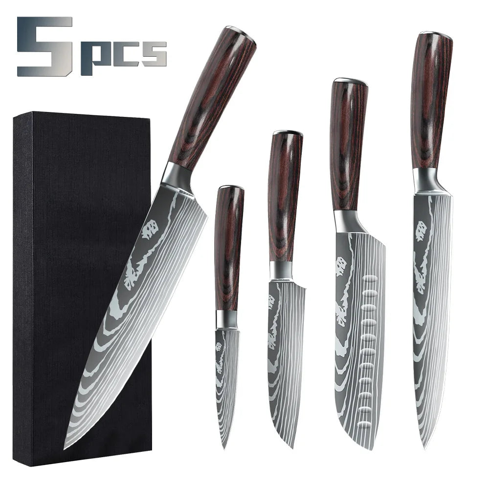 ZENG 5/8pcs/10pcs Kitchen Knives Japanese Stainless Steel Chef Knife Damascus Laser Pattern Slicing Santoku Kitchen Knife Set
