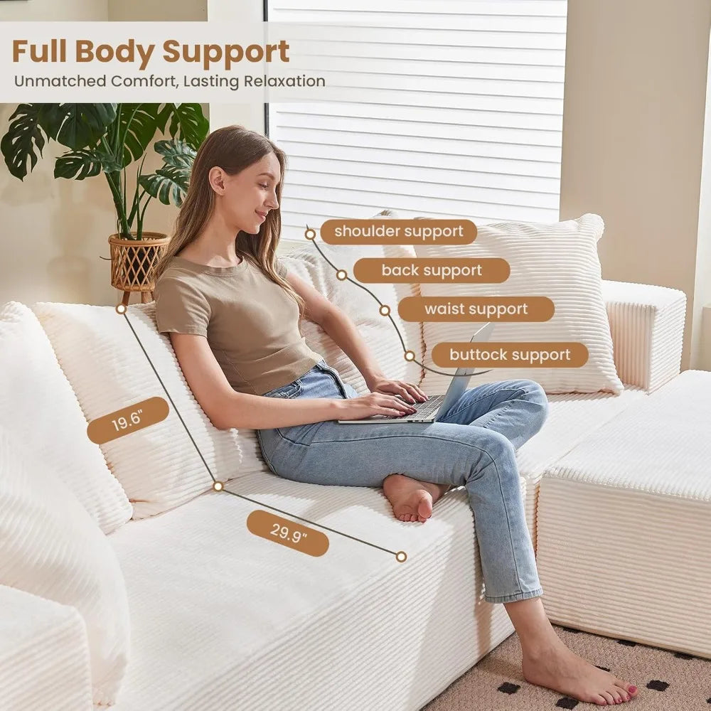 108" L-Shaped Boneless Couch with Deep Seat, Corduroy Cloud Couch, No Assembly Required, Ship in a Box, Modular Sectional Sofa