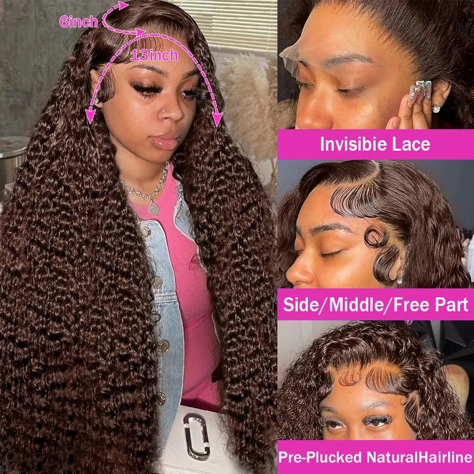 Chocolate Brown Deep Wave Lace Front Wigs Human Hair 13x6 HD Lace Frontal Wigs Curly Human Hair Wig Natural Hairline Brown Color