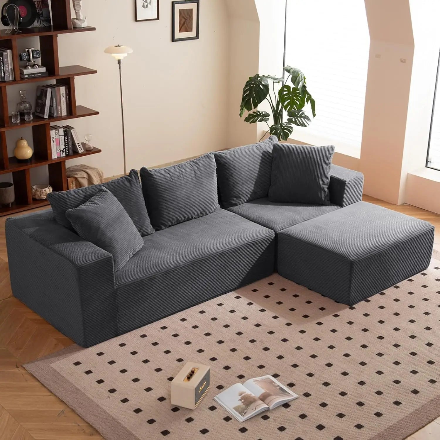 108" L-Shaped Boneless Couch with Deep Seat, Corduroy Cloud Couch, No Assembly Required, Ship in a Box, Modular Sectional Sofa