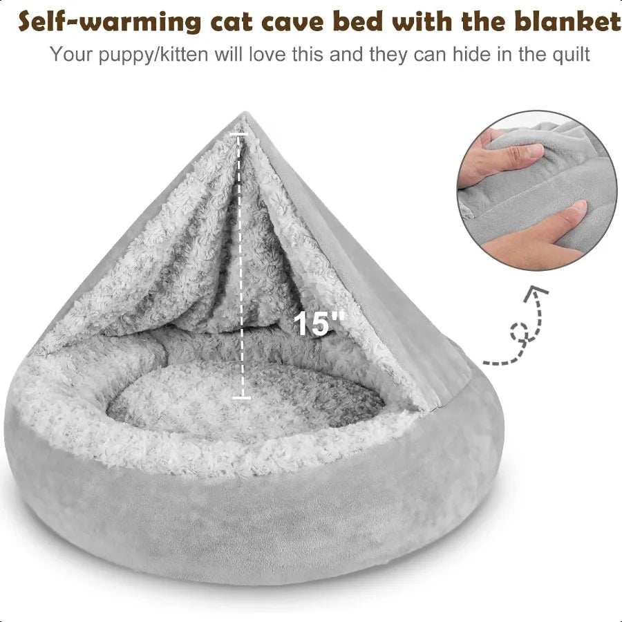 Small Dog Bed Cat Bed with Hooded Blanket Cozy Cuddler Luxury Puppy Pet Bed Donut Round Calming AntiAnxiety Dog Burrow Cave Bed