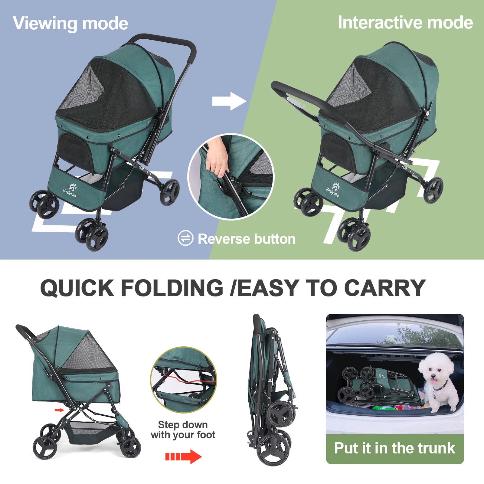 Dog Stroller, Pet Stroller for Medium Dogs Cats, with Dog Poop Bags, Reversible Handlebar, Tethers, Storage Basket and Pouch