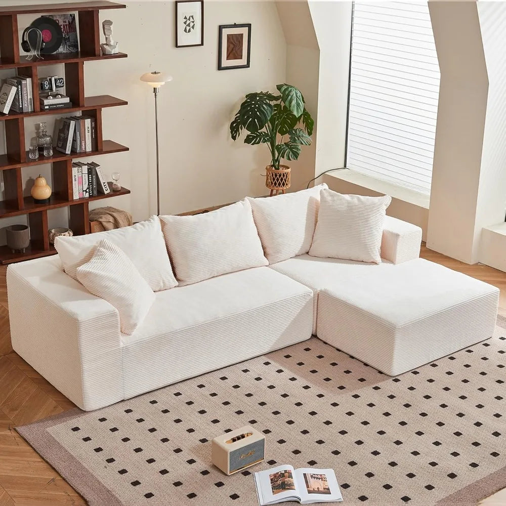 108" L-Shaped Boneless Couch with Deep Seat, Corduroy Cloud Couch, No Assembly Required, Ship in a Box, Modular Sectional Sofa