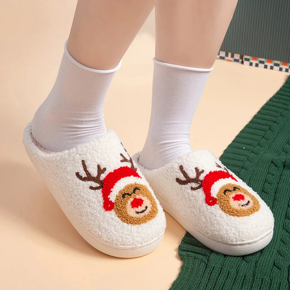 Cozy and Warm Christmas Elk Plush Slippers for Men and Women Soft Fluffy Home Footwear with Anti Slip Design