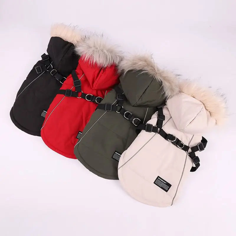 Autumn Winter Warm Pet Dog Jacket With Harness Hooded Dog Padded Coat with Imitation Fur Hat For Small Medium Dogs Puppy Coat
