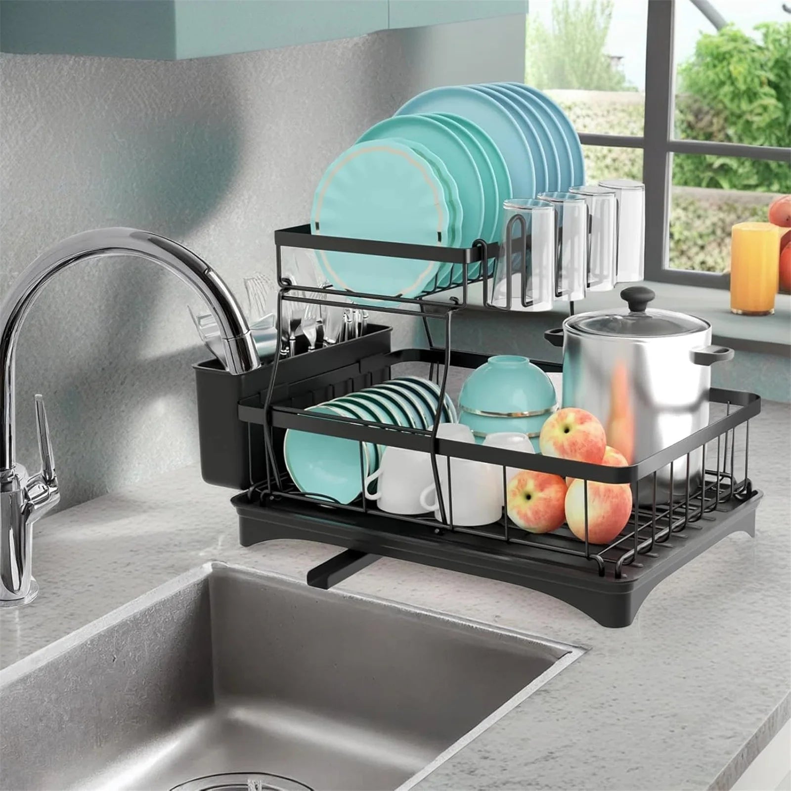 2-Tier  Steel Dish Drying Rack – Large Kitchen Countertop Organizer with Drainer & Cutlery Holder